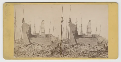 Stereograph of view of South Water St., between Clark and Wells, after the Chicago Fire of 1871